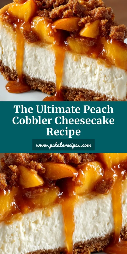 A stunning overhead shot of a whole Peach Cobbler Cheesecake, showcasing the golden crumble topping, sliced peaches, and creamy filling. The perfect pin to inspire your next baking project.