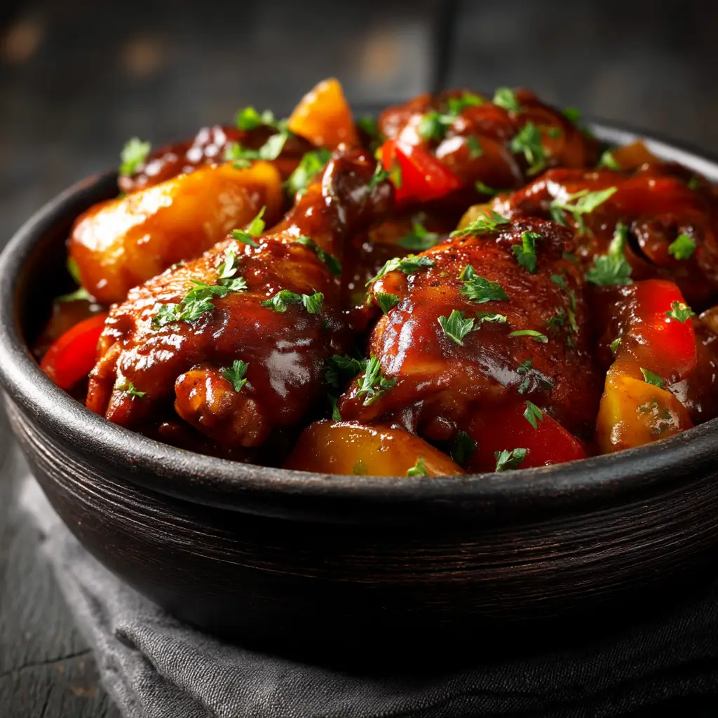 A plate of Jamaican Brown Stew Chicken served traditionally with rice and peas, garnished with fresh thyme. The chicken is fall-off-the-bone tender.