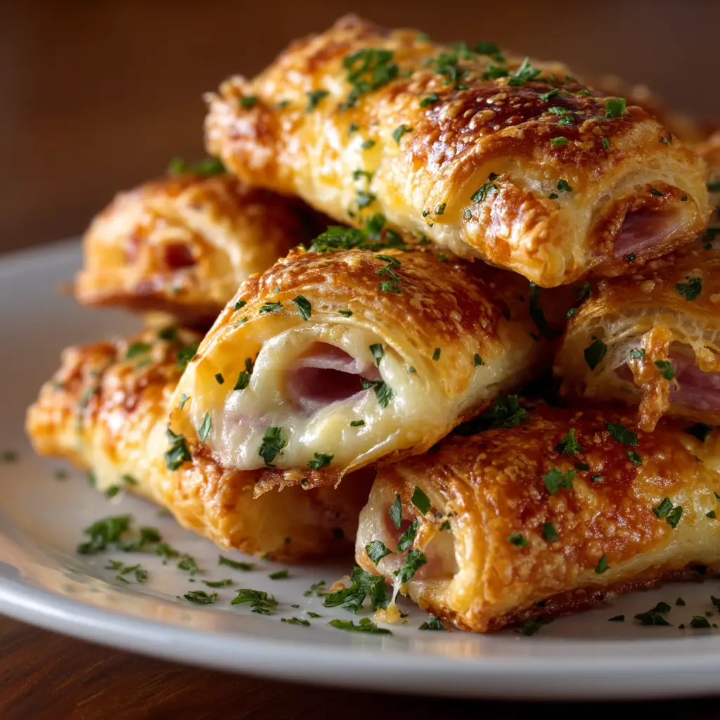 Ham and Cheese Sticks: The Ultimate Easy Appetizer 2 A close-up view of a single ham and cheese stick, showing the layers of flaky pastry, ham, and melted cheese.
