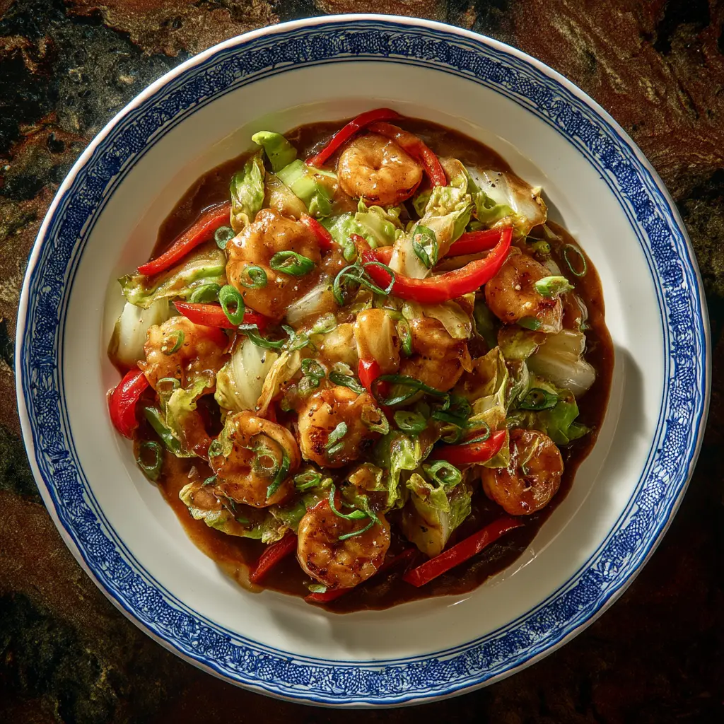 A vibrant bowl of the quick shrimp and cabbage recipe, showcasing the mixture of vegetables and protein ready in a skillet.