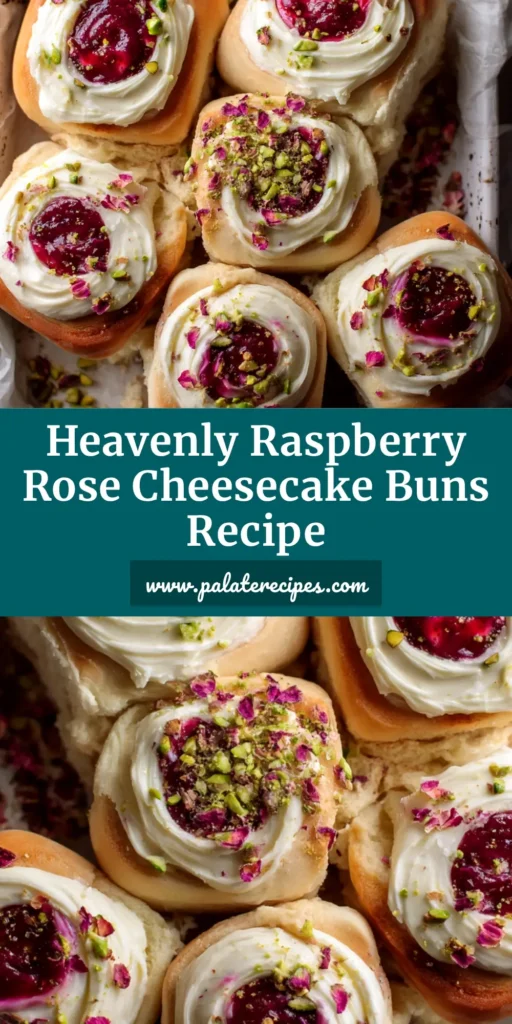 A beautiful platter of freshly baked Raspberry Rose Cheesecake Buns, with a glossy glaze and vibrant pink raspberry swirls visible.
