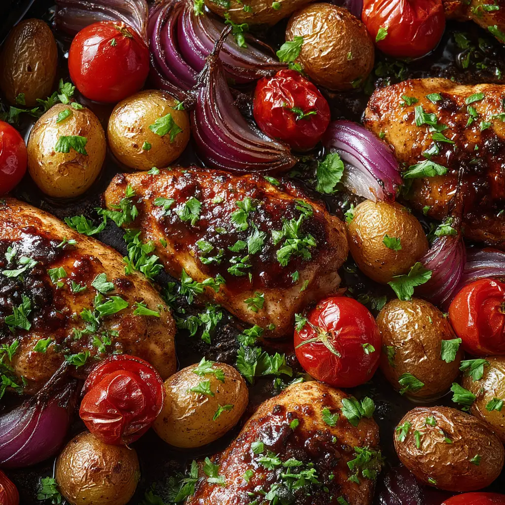 Sheet Pan Balsamic Chicken and Veggies 3 A close-up shot of the balsamic chicken and roasted vegetables on the sheet pan, showing the caramelized glaze.