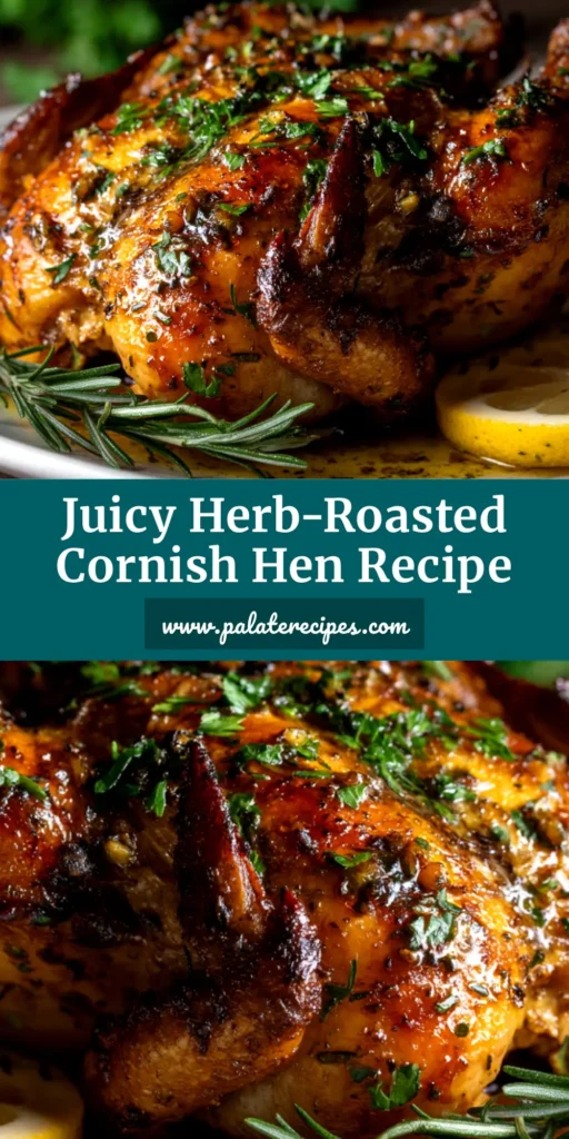 An overhead shot of a perfectly golden-brown roasted Cornish hen recipe, garnished with fresh herbs and lemon slices, ready to be served.