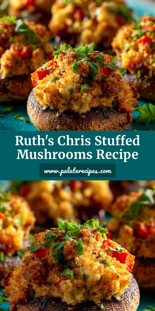 A shareable pin image of Ruth's Chris Crab-Stuffed Mushrooms, featuring a platter of the golden-brown baked appetizers with text overlay for Pinterest.