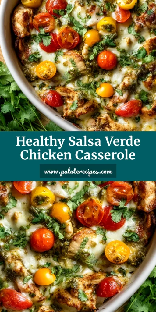 Salsa Verde Chicken Casserole (Easy & Creamy Recipe) 4 A top-down view of a freshly baked Salsa Verde Chicken Casserole in a white baking dish, with a slice taken out to show the creamy layers.