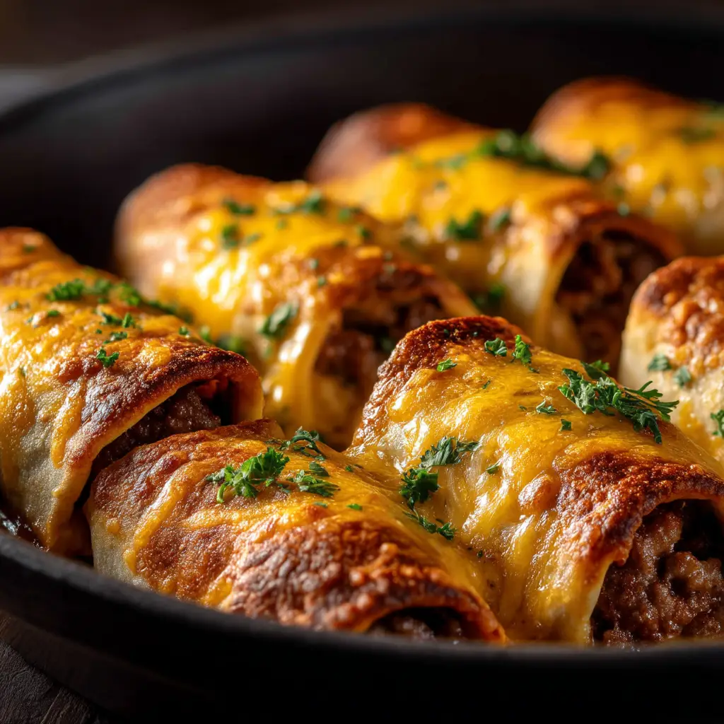 A batch of savory cheeseburger pinwheels fresh from the oven, showing the melted cheese and juicy beef filling.