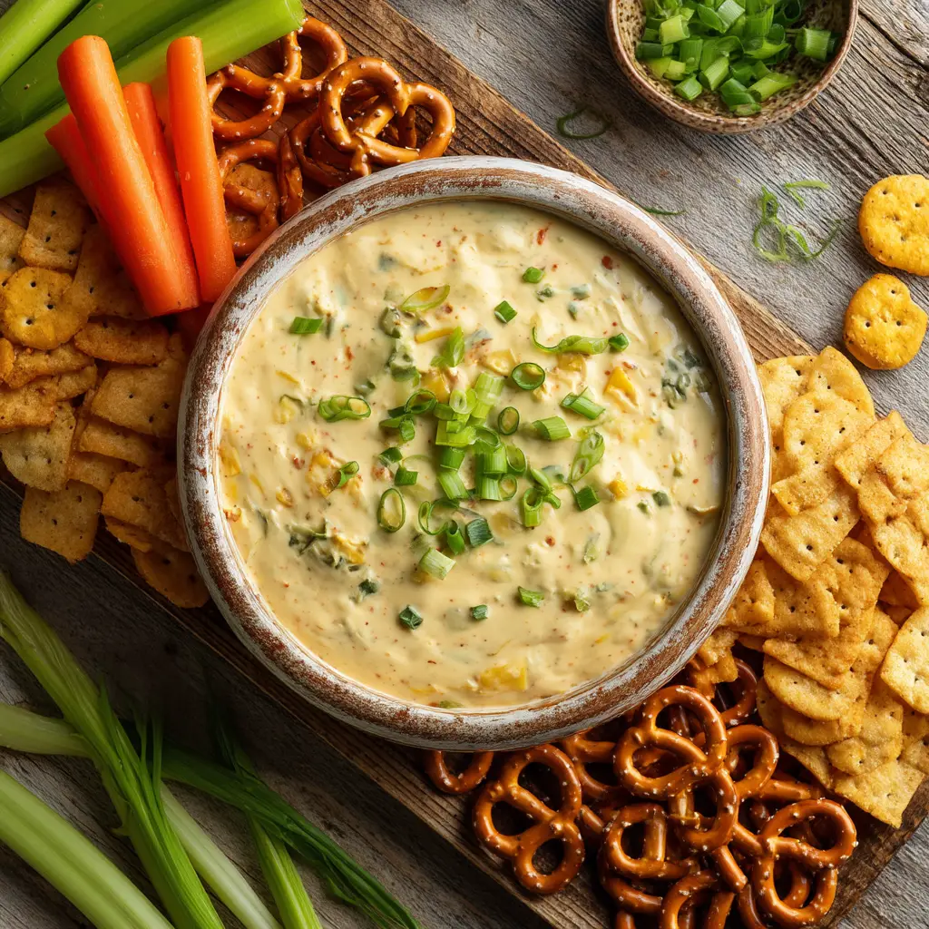 A lifestyle shot of the easy party dip being scooped up by a corn chip, showing its thick and scoopable texture.