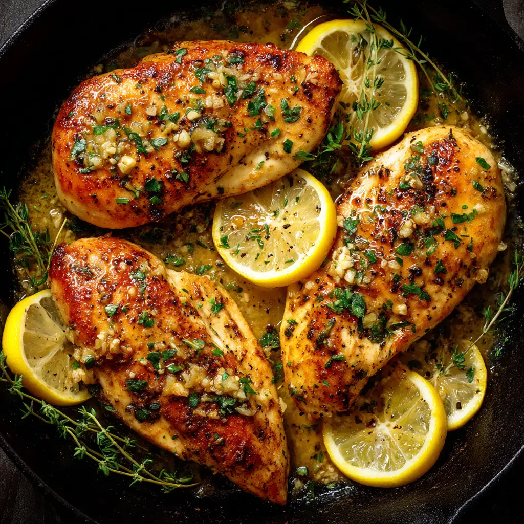Lemon Garlic Chicken (The Only Recipe You Need) 3 Close-up overhead shot of golden-brown seared chicken breasts for the easy Lemon Garlic Chicken recipe. The chicken is perfectly cooked and ready for the sauce.