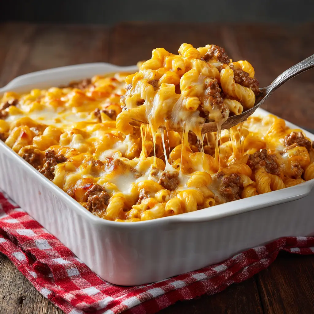 A serving of baked Cheeseburger Casserole on a spatula, with cheese stretching from the dish. This showcases the gooey, melted cheddar topping and rich beef filling.