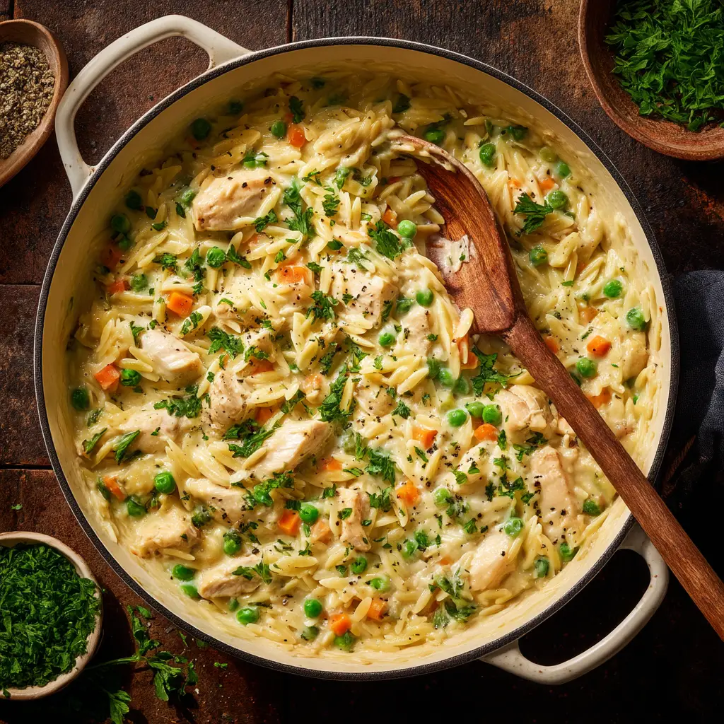 A spoonful of chicken pot pie orzo being lifted from a skillet, illustrating the creamy consistency of the one-pot meal.