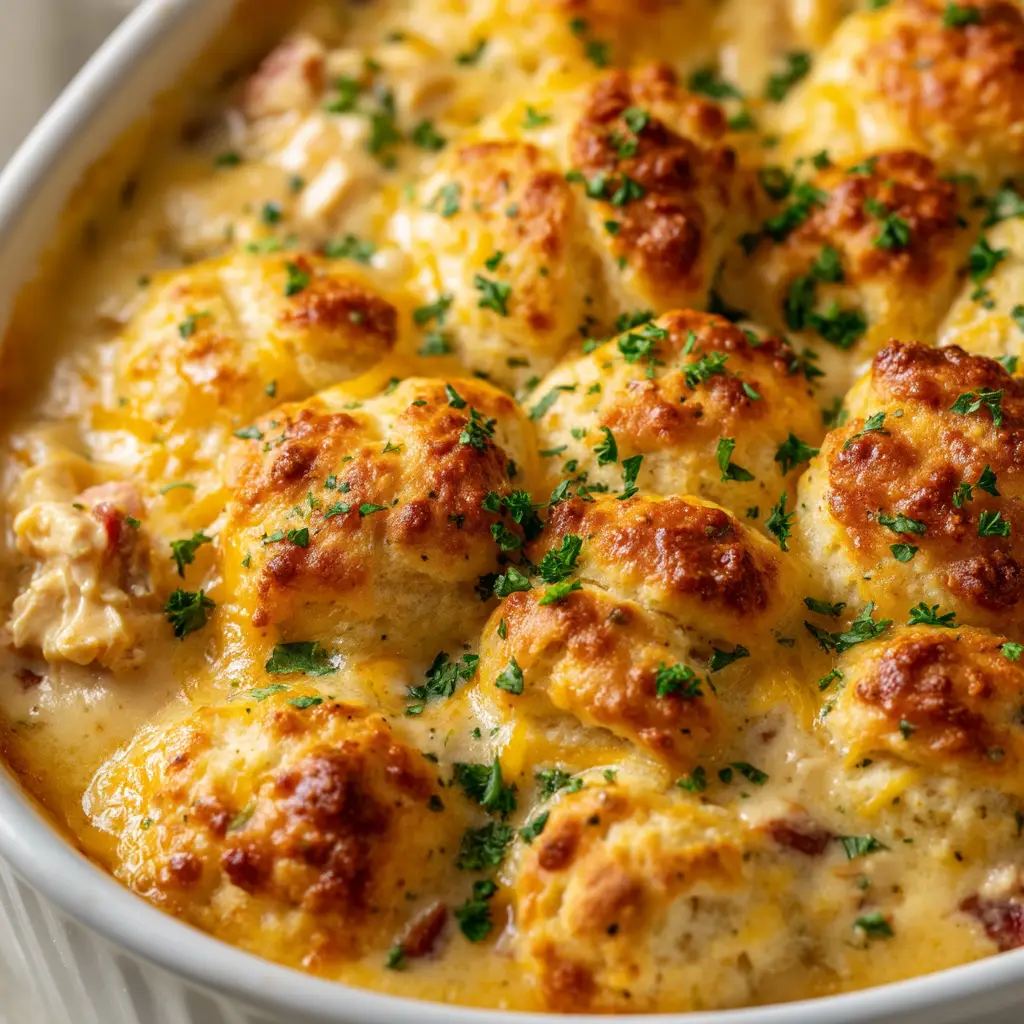 A serving of homemade chicken and biscuit dinner on a plate, showing the fluffy texture of the biscuit and the hearty casserole beneath.