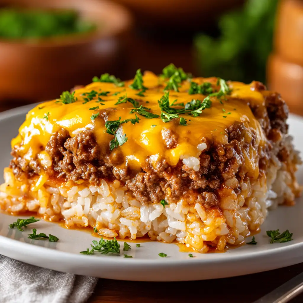 A portion of ground beef and rice casserole served on a plate, ready to eat.