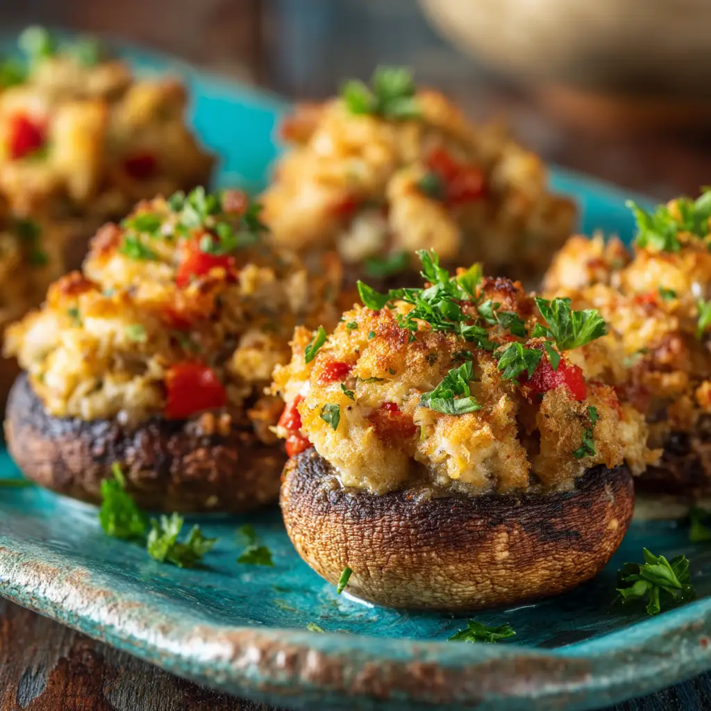 A platter of gourmet crab-stuffed mushrooms, ready to be served as an elegant appetizer.
