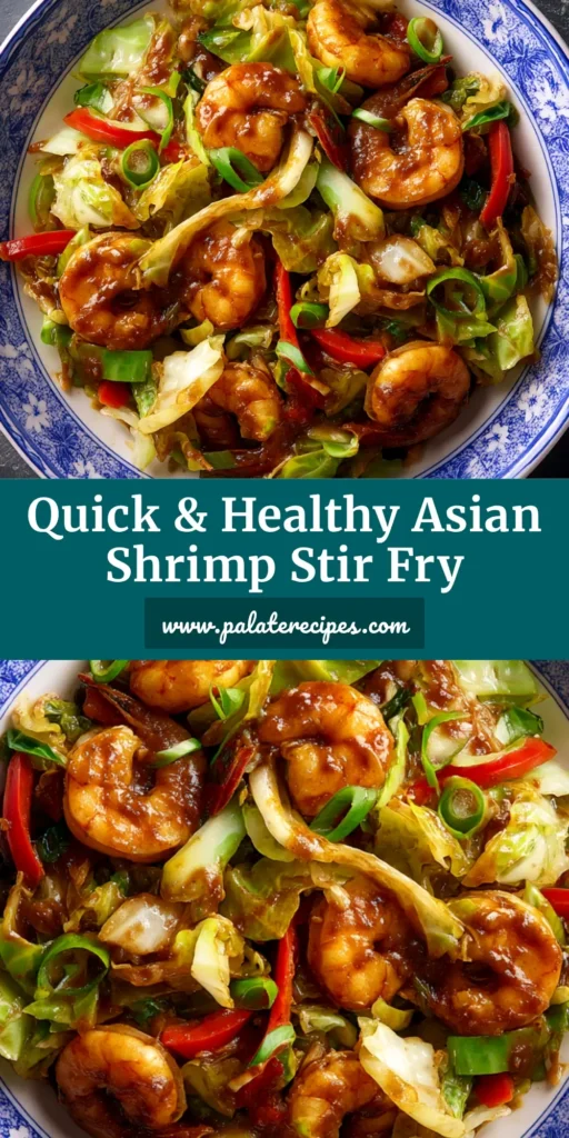 A top-down view of a serving of Shrimp and Cabbage Stir Fry in a white bowl, garnished with fresh green onions. The shrimp are pink and tender, mixed with crisp cabbage and carrots.