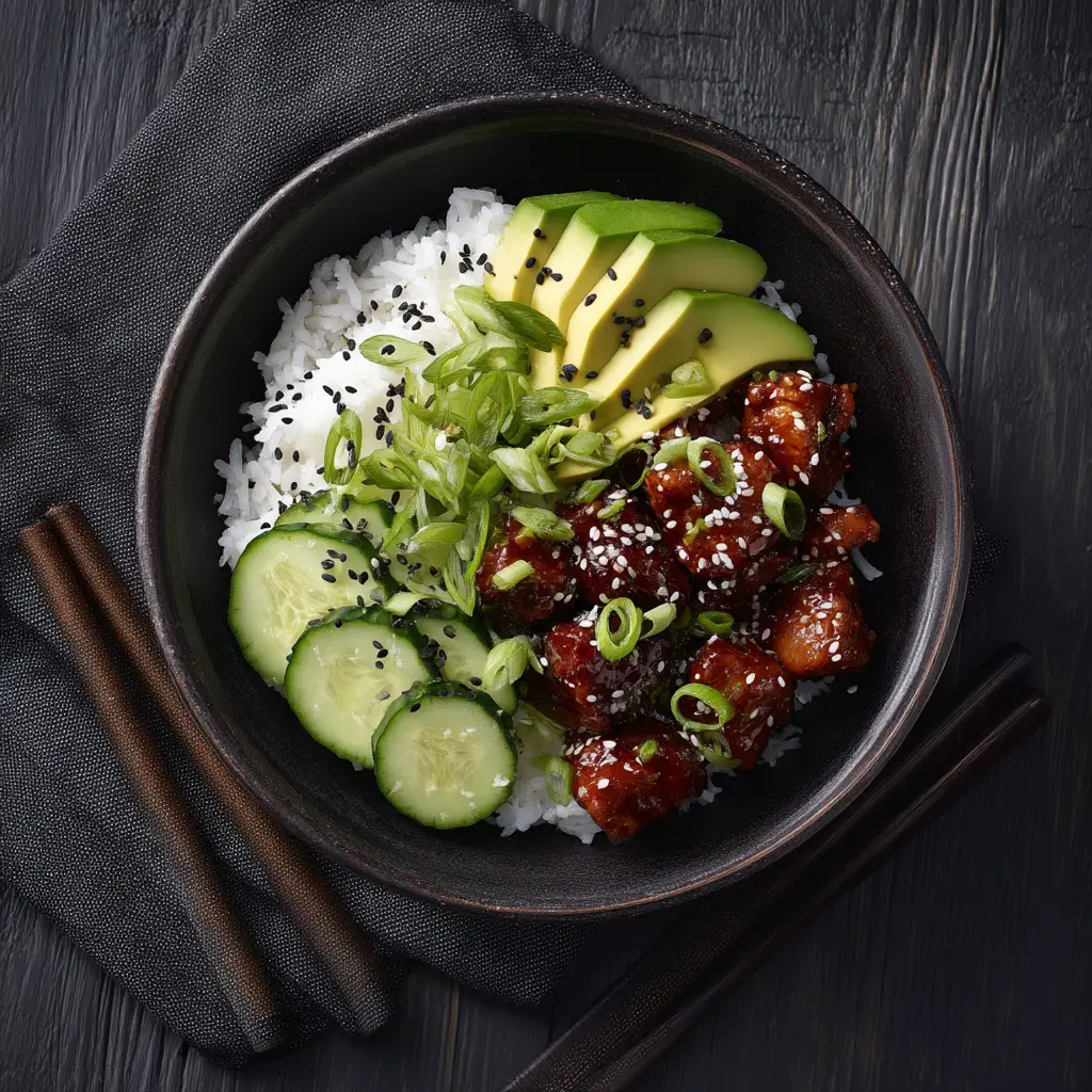 A top-down view of spicy gochujang chicken pieces in a bowl, ready to be served over rice.