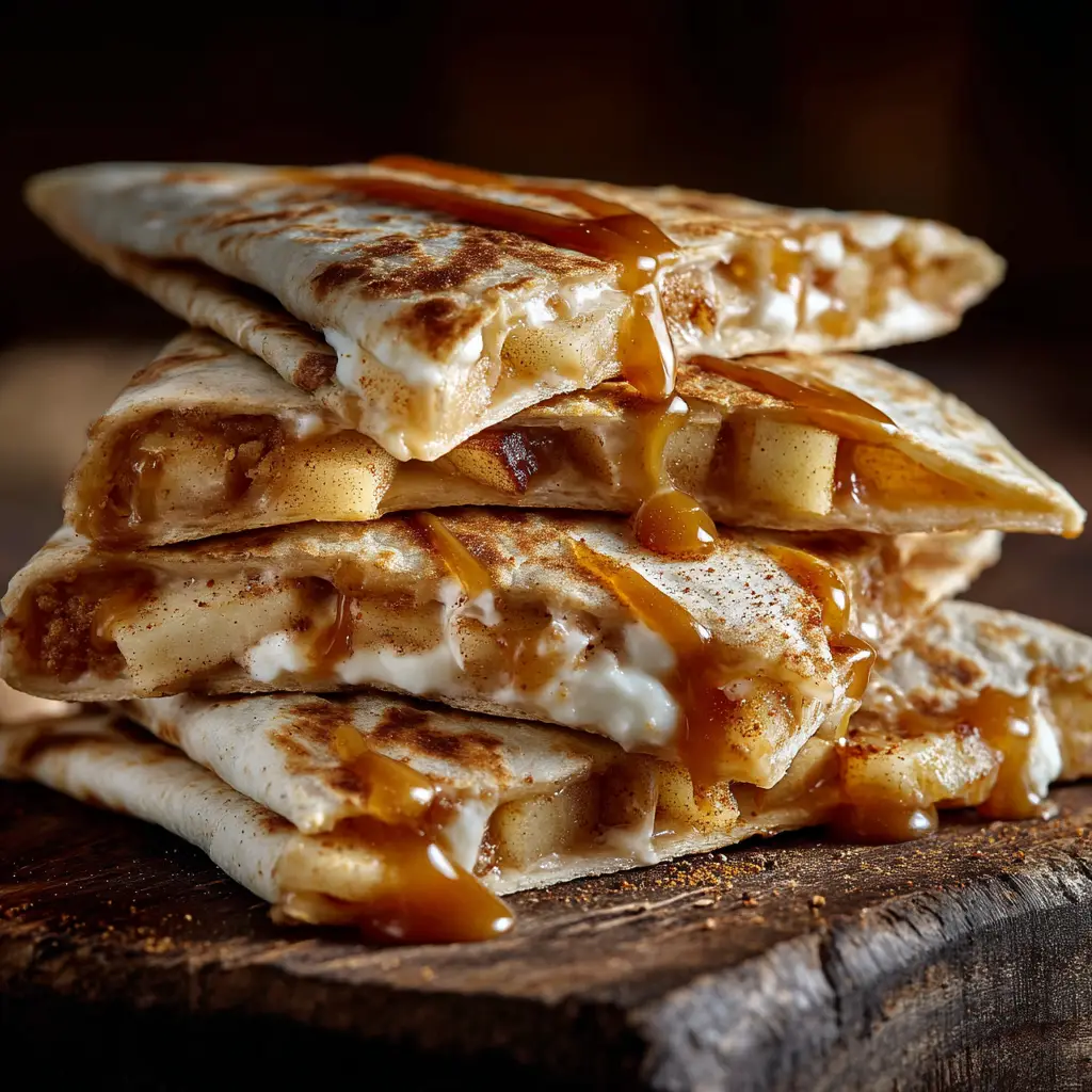 Apple Cinnamon Breakfast Quesadillas: A 15-Minute Treat 2 A stack of freshly made cinnamon apple dessert tortillas, pan-fried to a perfect golden brown and ready to be sliced for a quick breakfast.