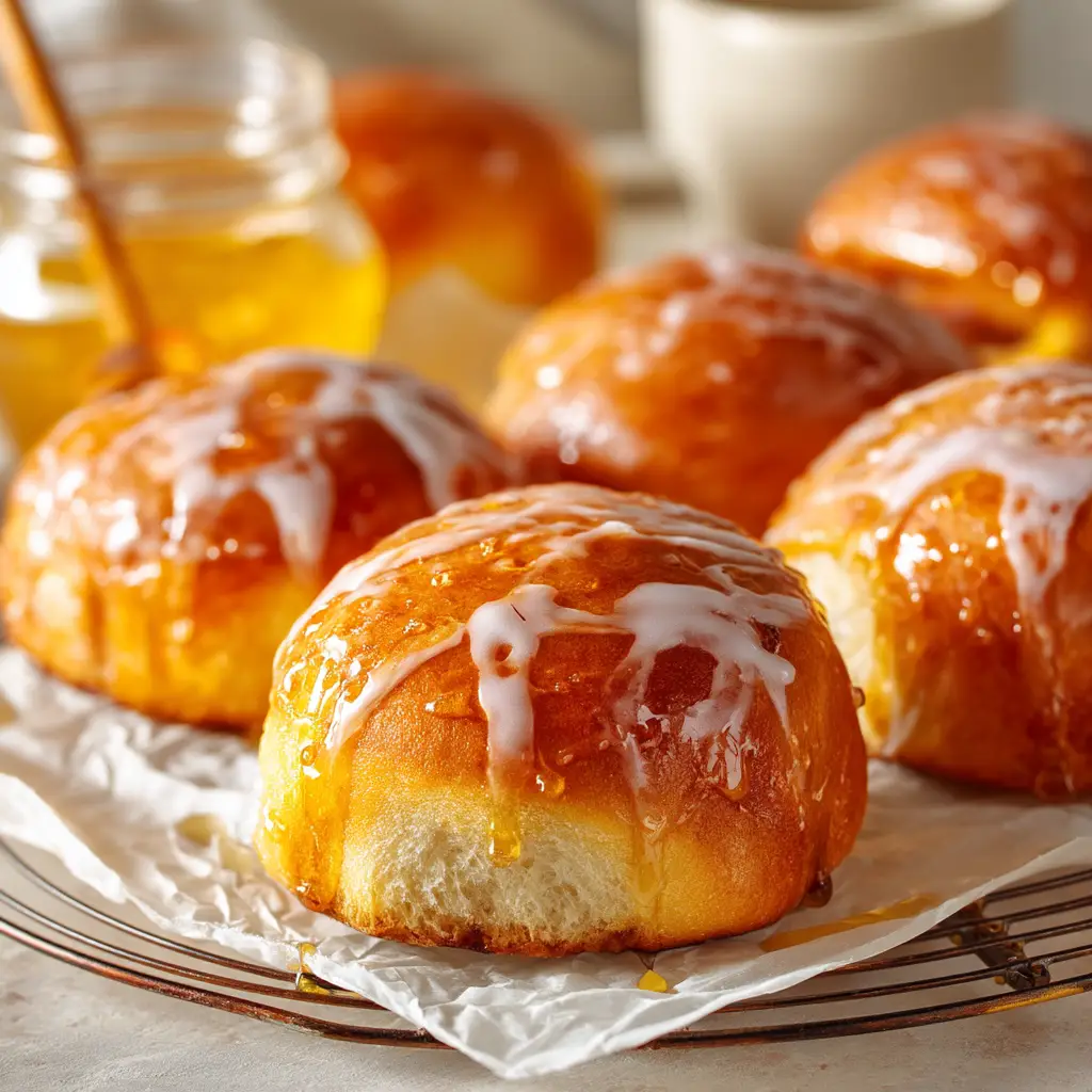 A close-up of a single homemade honey bun on a plate, showing the layers of the cinnamon swirl and the thick, dripping honey glaze.