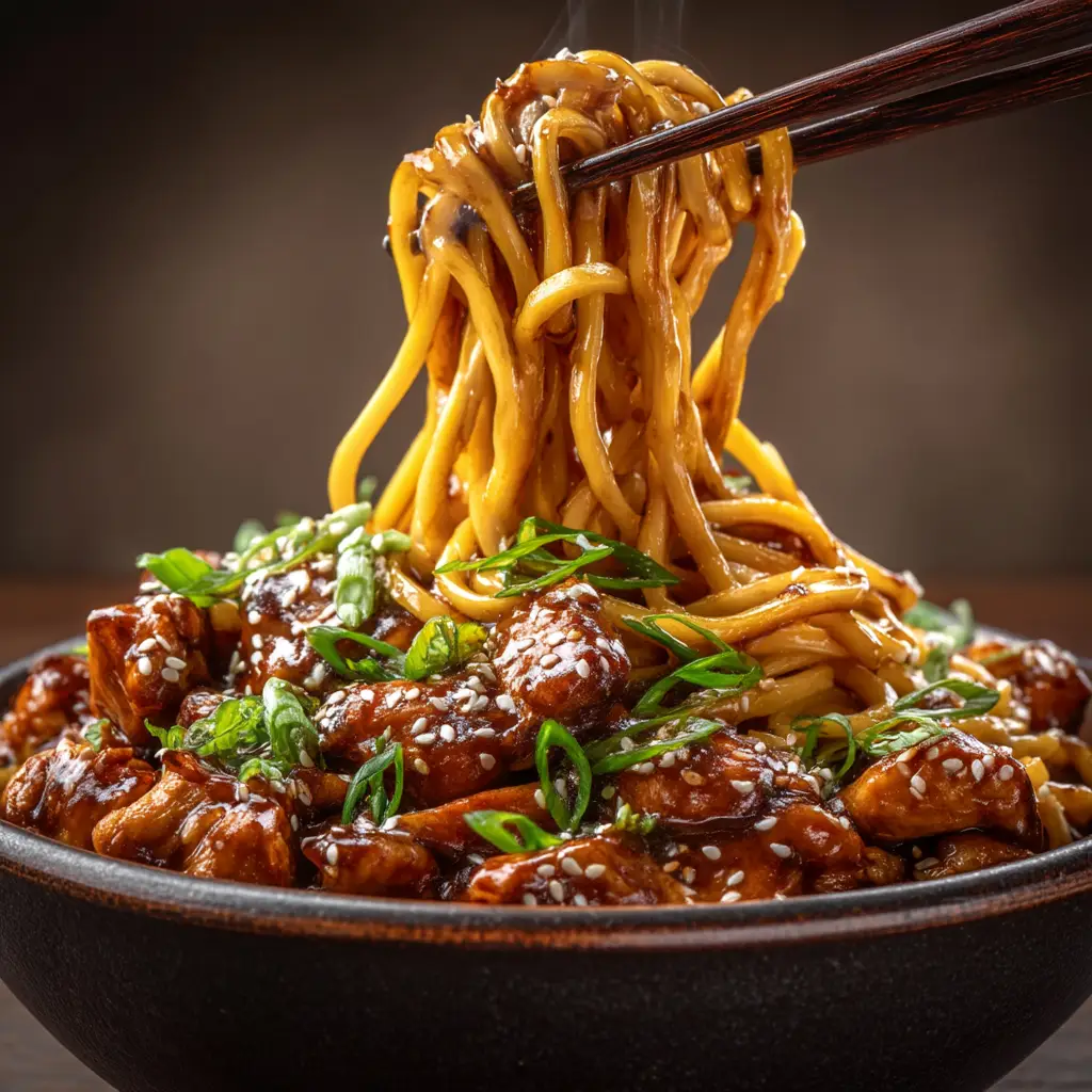 An extreme close-up shot of sticky garlic chicken noodles in a white bowl, showing the glossy sauce on the chicken and noodles.