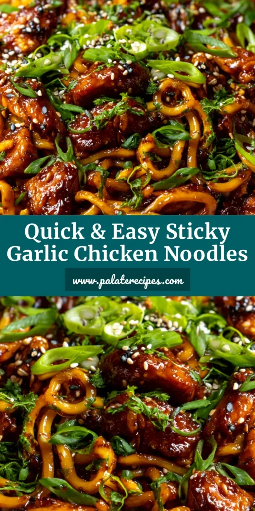 A top-down view of a bowl of sticky garlic chicken noodles, garnished with sesame seeds and fresh green onions. The noodles are glossy with a sweet and savory sauce.