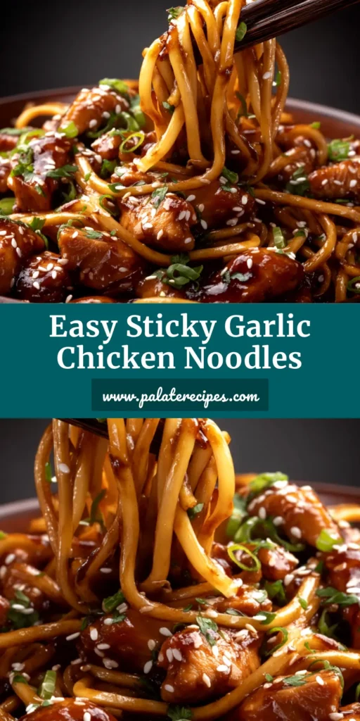 A top-down shot of a bowl of delicious Sticky Garlic Chicken Noodles, garnished with fresh green onions and sesame seeds.