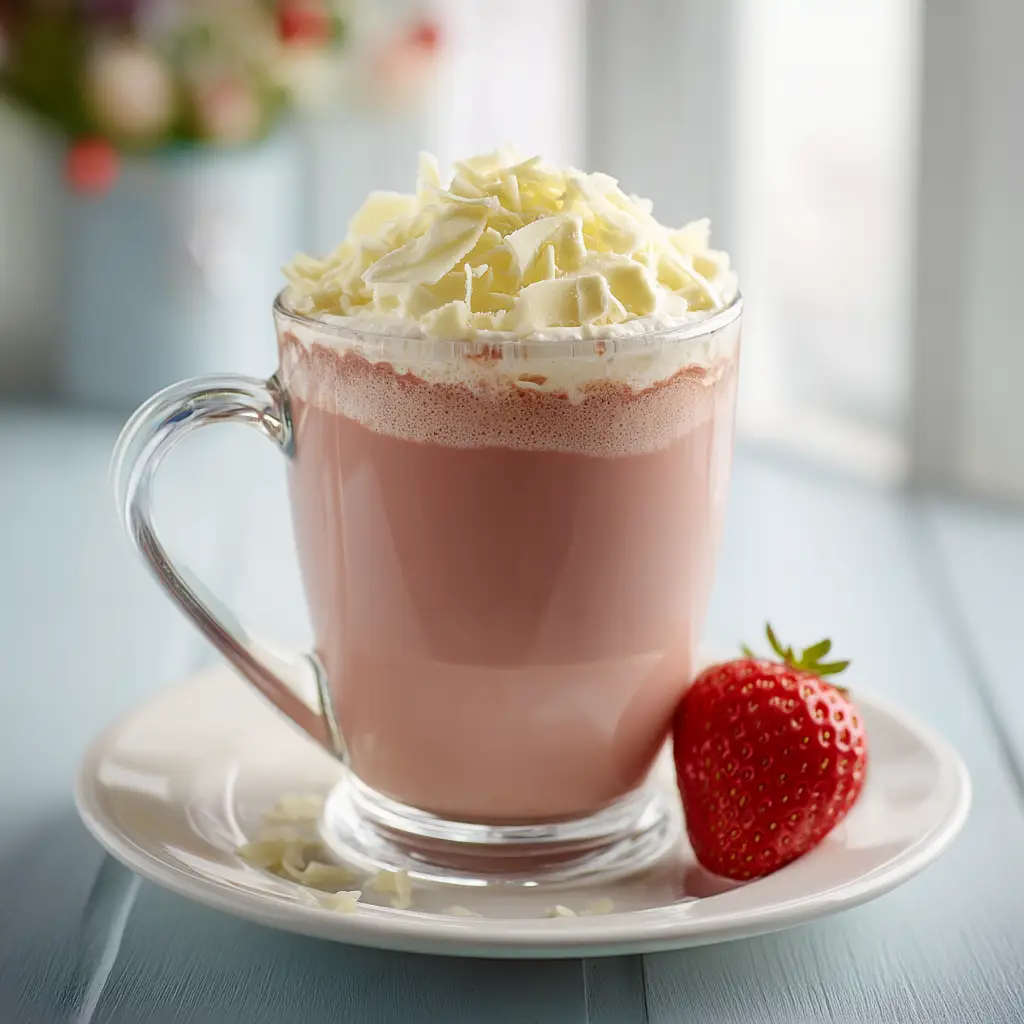 Strawberry Hot Chocolate: The Ultimate Creamy & Dreamy Recipe 2 Two mugs of delicious strawberry hot chocolate, garnished with whipped cream and ready to be enjoyed as a sweet beverage.