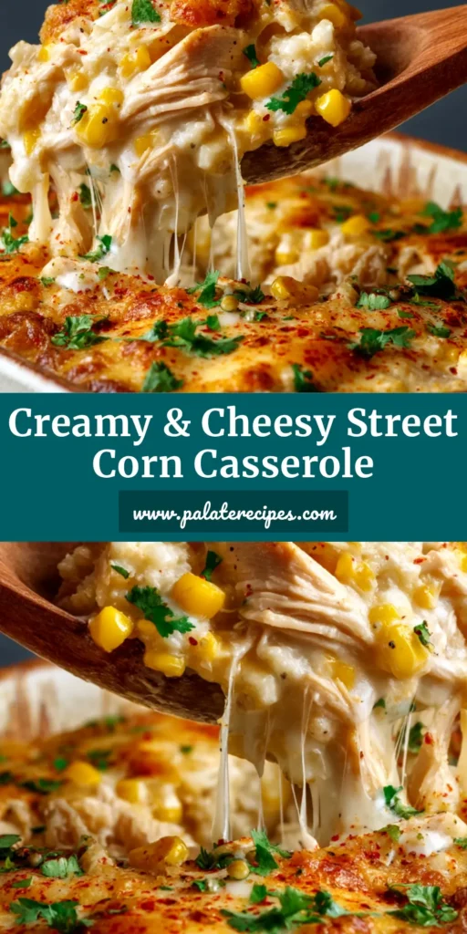 A serving of creamy Street Corn Chicken Casserole in a white bowl, topped with fresh cilantro and cotija cheese. The perfect easy elote chicken bake recipe.