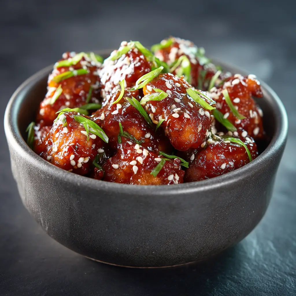A beautiful final plate of sweet chili chicken served over a bed of white rice, garnished with fresh green onions.