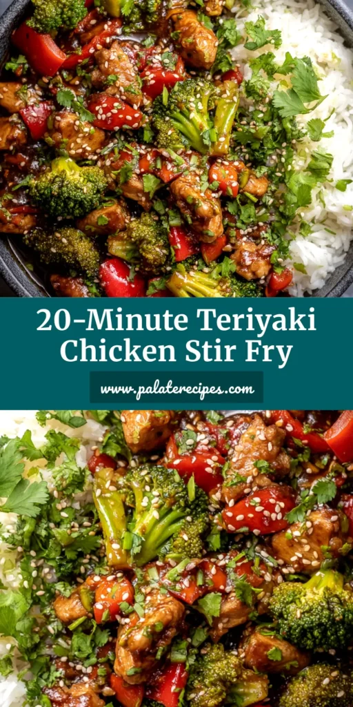 An overhead shot of a delicious Teriyaki Chicken Stir Fry in a white bowl, garnished with sesame seeds and green onions. The perfect easy weeknight dinner recipe.