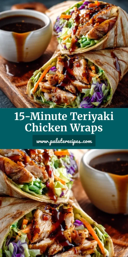 An easy and delicious Teriyaki Chicken Wrap Recipe, sliced in half to show the filling of tender chicken, crisp lettuce, and carrots.