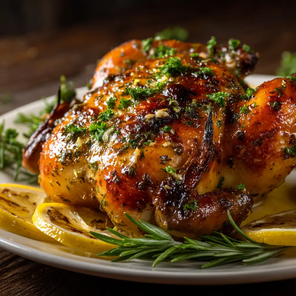 Two roasted Cornish hens in a cast-iron skillet, ready for serving, surrounded by roasted lemon and onion quarters.