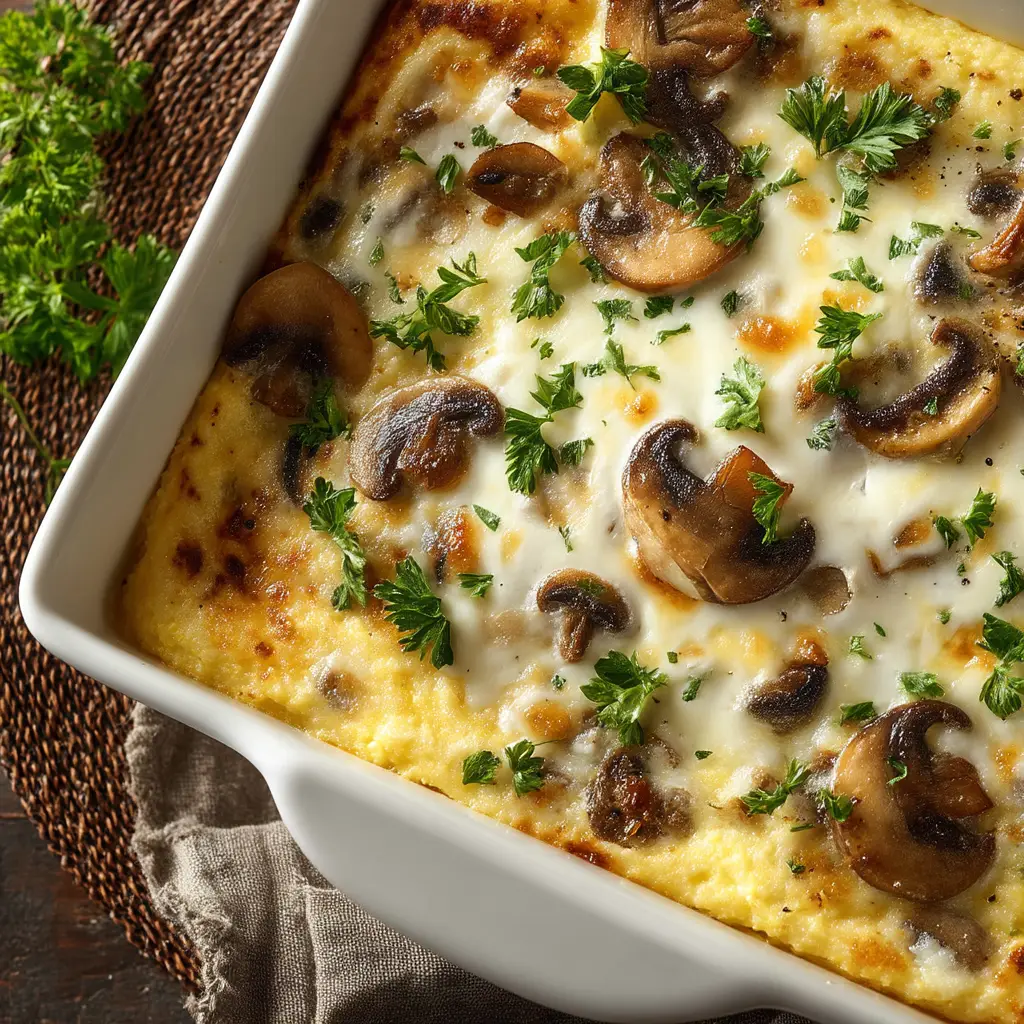 A serving of the vegetarian mushroom casserole on a plate, showcasing the distinct layers of creamy polenta and the rich mushroom ragout.