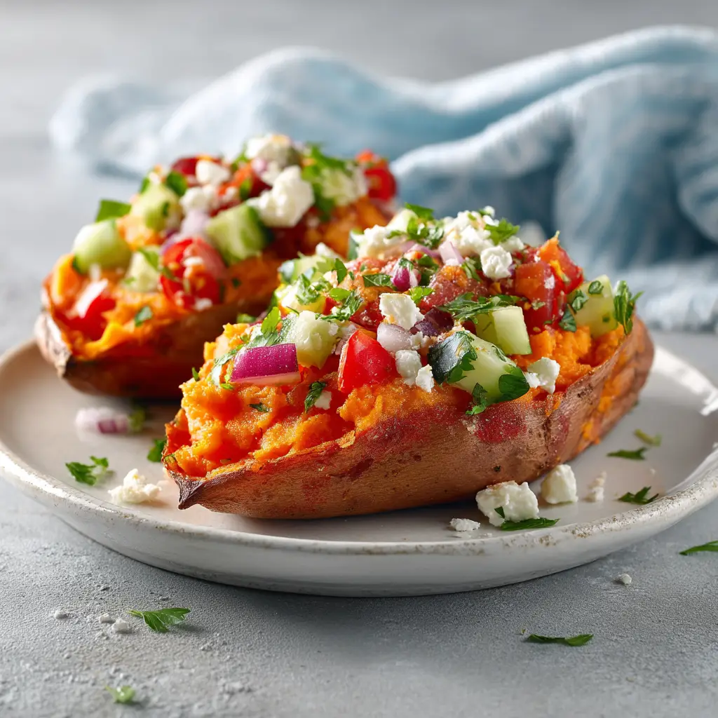 A detailed shot of vegetarian sweet potato recipe ingredients, showing the fluffy baked sweet potato interior ready to be filled with spiced chickpeas.