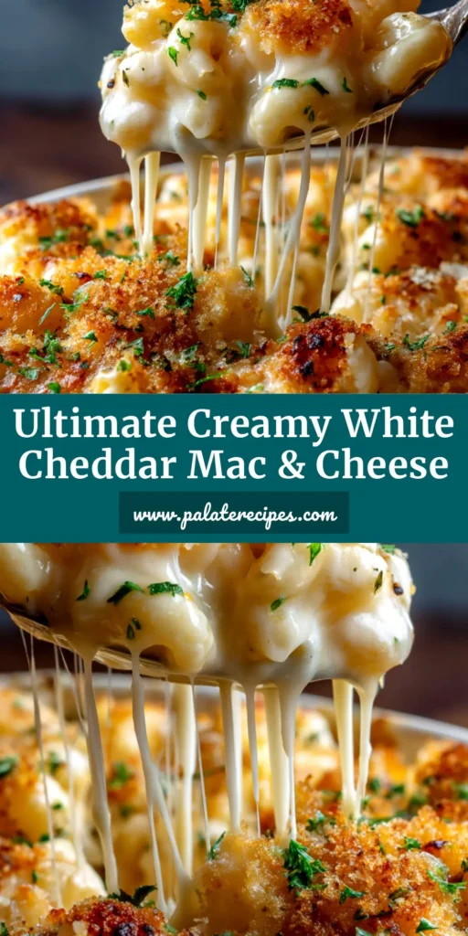 A large white bowl filled with creamy white cheddar mac and cheese recipe, garnished with fresh parsley. A fork is lifting a cheesy scoop from the bowl.