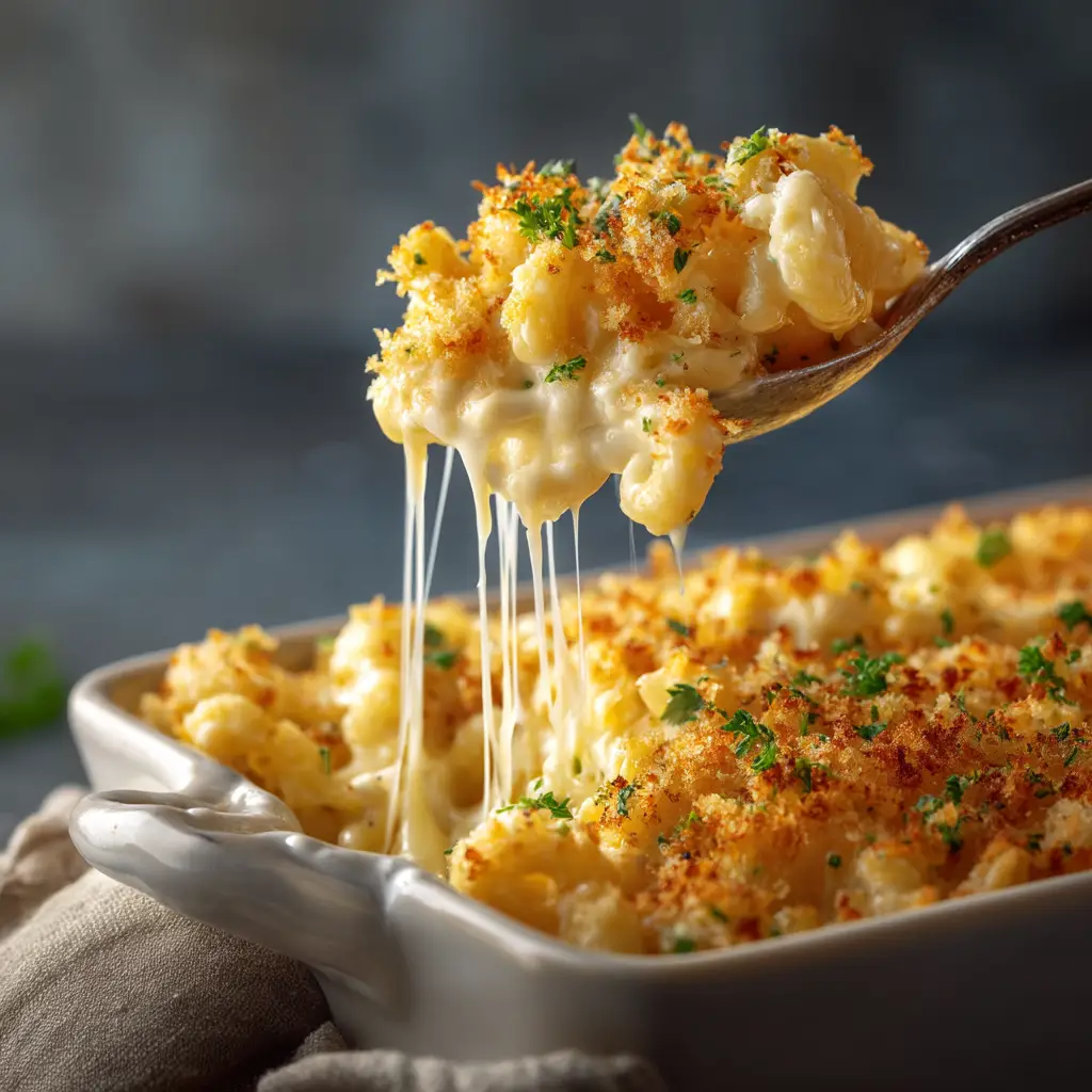 A spoonful of homemade white cheddar mac and cheese being lifted from a bowl, showing a delicious cheese pull.