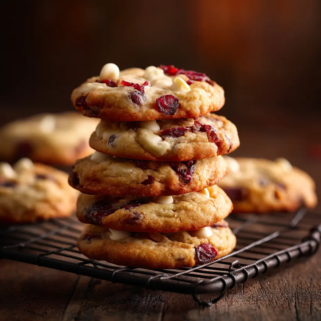 A close-up shot of chewy white chocolate cranberry cookies on a cooling rack before being frosted.
