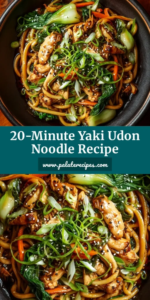 An overhead shot of a bowl of delicious Yaki Udon Recipe, showing chewy noodles, chicken, and vegetables in a savory sauce, ready to be eaten.
