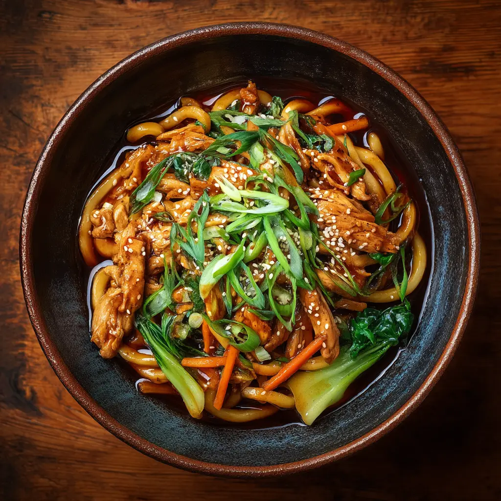 A steaming bowl of freshly made stir-fried udon noodles with chicken, mushrooms, and bok choy, showcasing a key step in this Yaki Udon Recipe.