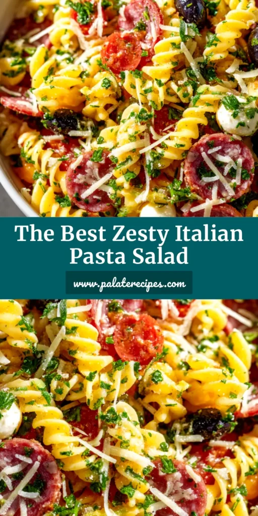 A large white bowl filled with Zesty Italian Pasta Salad, showing rotini, tomatoes, mozzarella, and salami, ready to be shared.