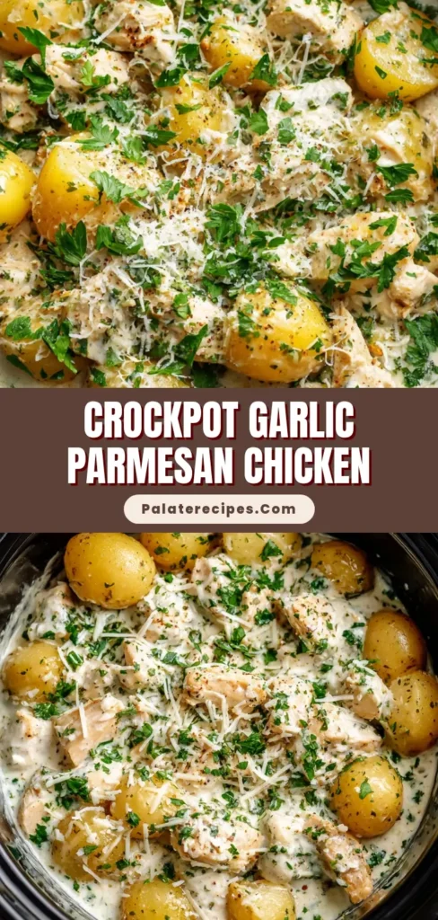 Overhead view of a black slow cooker filled with Crockpot Garlic Parmesan Chicken, featuring tender chunks, baby yellow potatoes, glossy white cream sauce, and fresh parsley garnish.