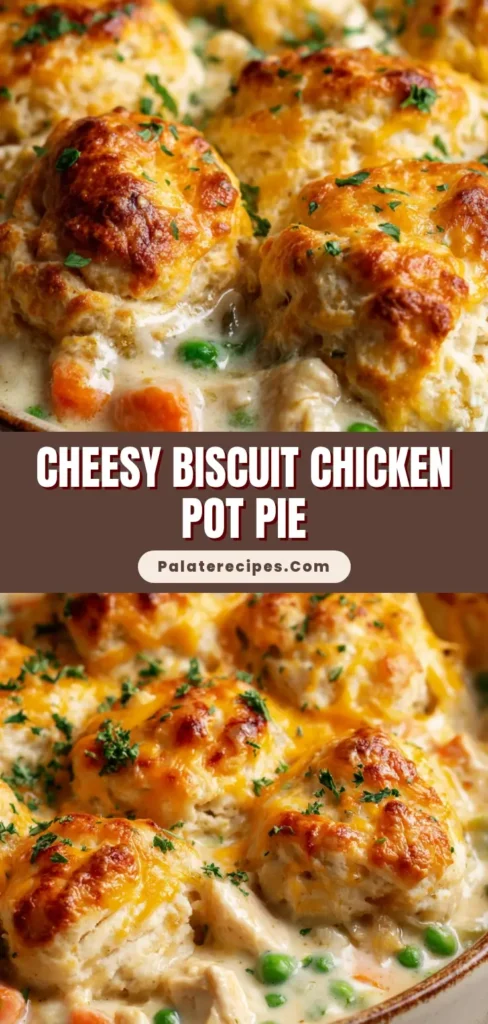A rustic casserole dish filled with bubbling creamy white gravy, chicken, and vegetables, topped with golden-brown cheddar drop biscuits brushed with garlic butter. (Red Lobster Biscuit Chicken Pot Pie)