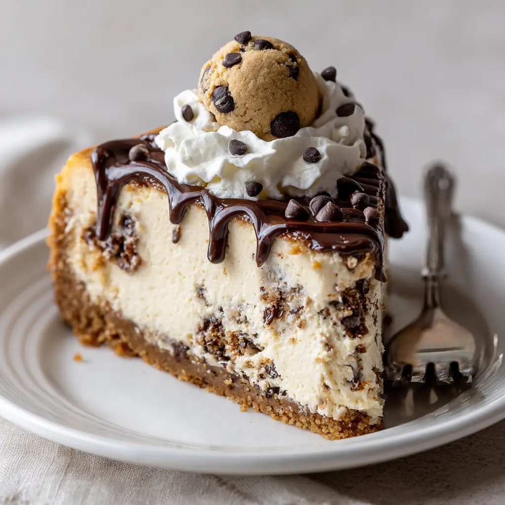 The Ultimate Cookie Dough Cheesecake: A Decadent, Photo-Perfect Recipe 3 A close-up of a thick slice of cookie dough cheesecake on a white dessert plate, showing the creamy texture and cookie dough chunks inside. (Cookie Dough Cheesecake)
