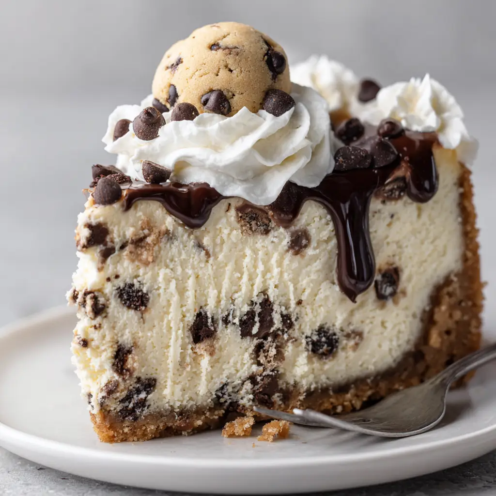 The Ultimate Cookie Dough Cheesecake: A Decadent, Photo-Perfect Recipe 2 A detailed shot of the cookie dough cheesecake's texture, with a fork resting beside the slice.