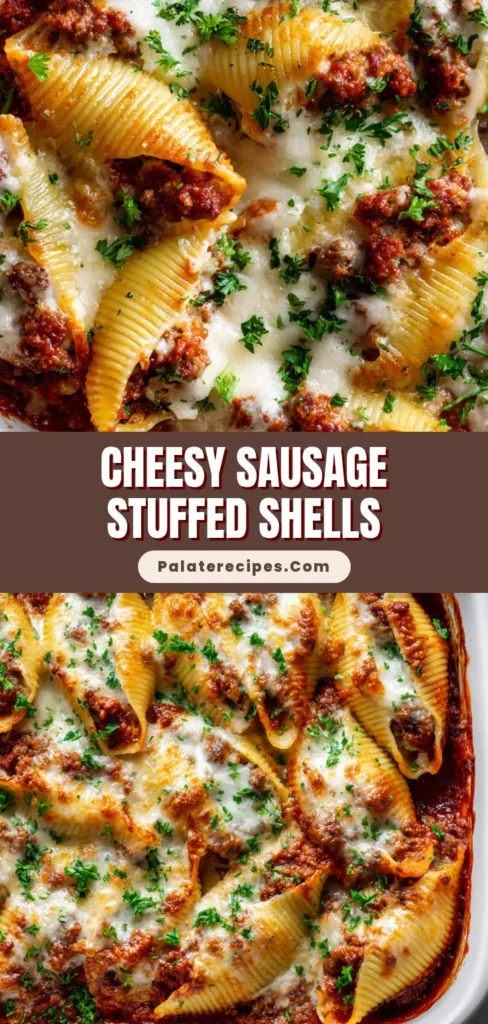 An overhead shot of a white casserole dish filled with baked Sausage Stuffed Shells, covered in melted mozzarella cheese and garnished with parsley.