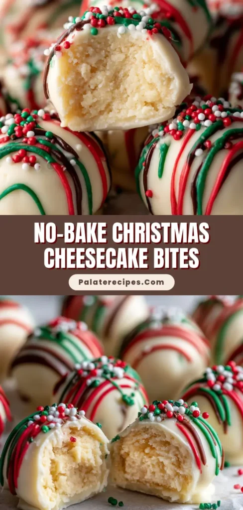 No-Bake Christmas Cheesecake Bites: The Ultimate Holiday Treat 5 A close-up of several No-Bake Christmas Cheesecake Bites on parchment paper. They are coated in white chocolate, drizzled with red and green chocolate, and topped with festive sprinkles.