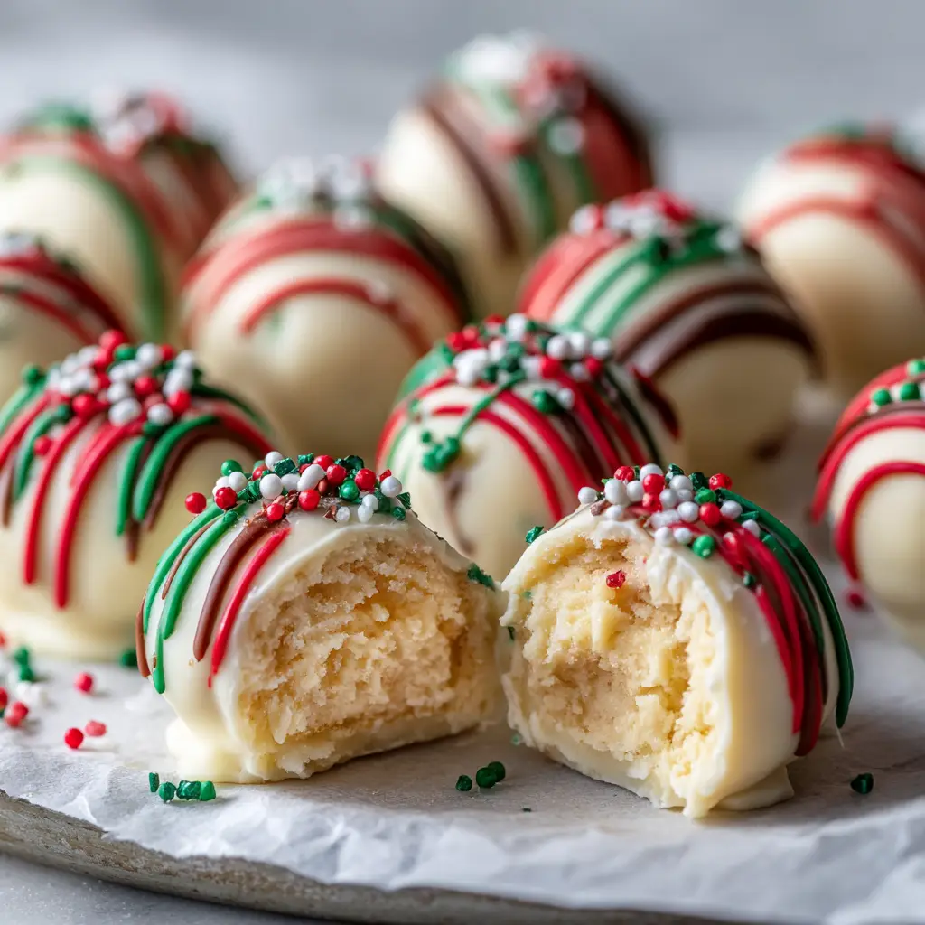 No-Bake Christmas Cheesecake Bites: The Ultimate Holiday Treat 3 A handheld view of round No-Bake Christmas Cheesecake Bites on a baking sheet. One is bitten, revealing a dense, pale-yellow cream cheese filling inside the white chocolate shell.