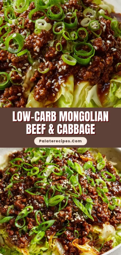 A sharable pin image showing a bowl of Low-Carb Mongolian Ground Beef with text overlay for Pinterest.