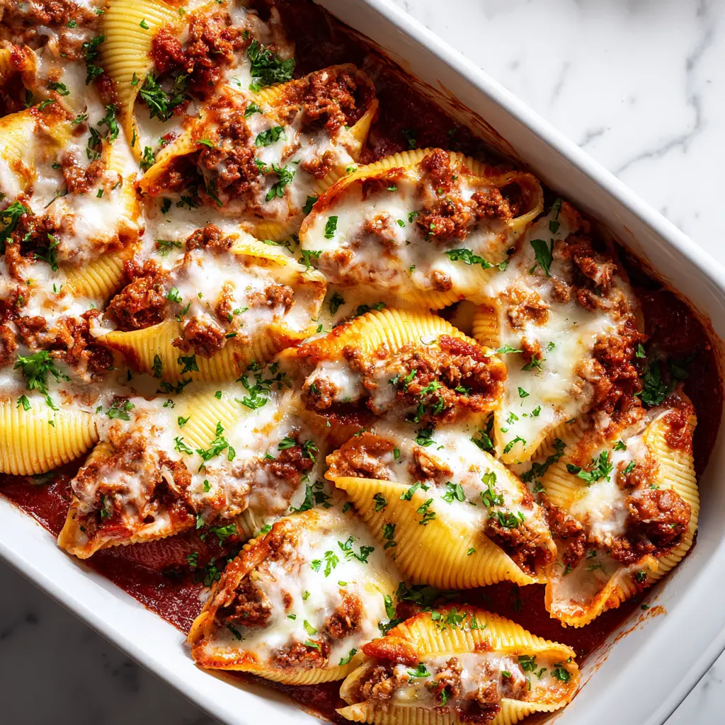A detailed shot of Sausage Stuffed Shells, showing the textured mixture of crumbled browned Italian sausage and creamy white ricotta cheese inside a shell, resting in a rich, dark red marinara sauce.