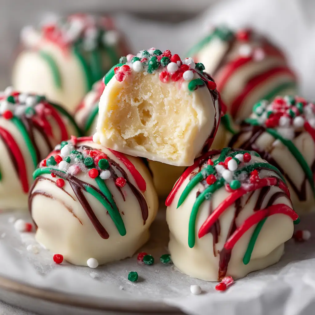 No-Bake Christmas Cheesecake Bites: The Ultimate Holiday Treat 2 A tray of finished No-Bake Christmas Cheesecake Bites, showing the vibrant red and green chocolate drizzles and festive sprinkles over the white chocolate coating.