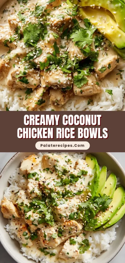 The Ultimate Coconut Chicken Rice Bowl You'll Make on Repeat 5 An overhead shot of a creamy Coconut Chicken Rice Bowl, ready to be pinned. The bowl features tender chicken in a rich coconut sauce, fresh avocado, and cilantro.