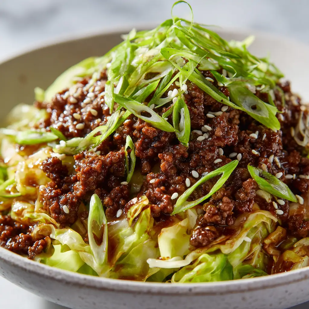 An overhead shot of the finished Low-Carb Mongolian Ground Beef in a rustic bowl, showcasing the fresh green scallion and toasted sesame seed garnish.